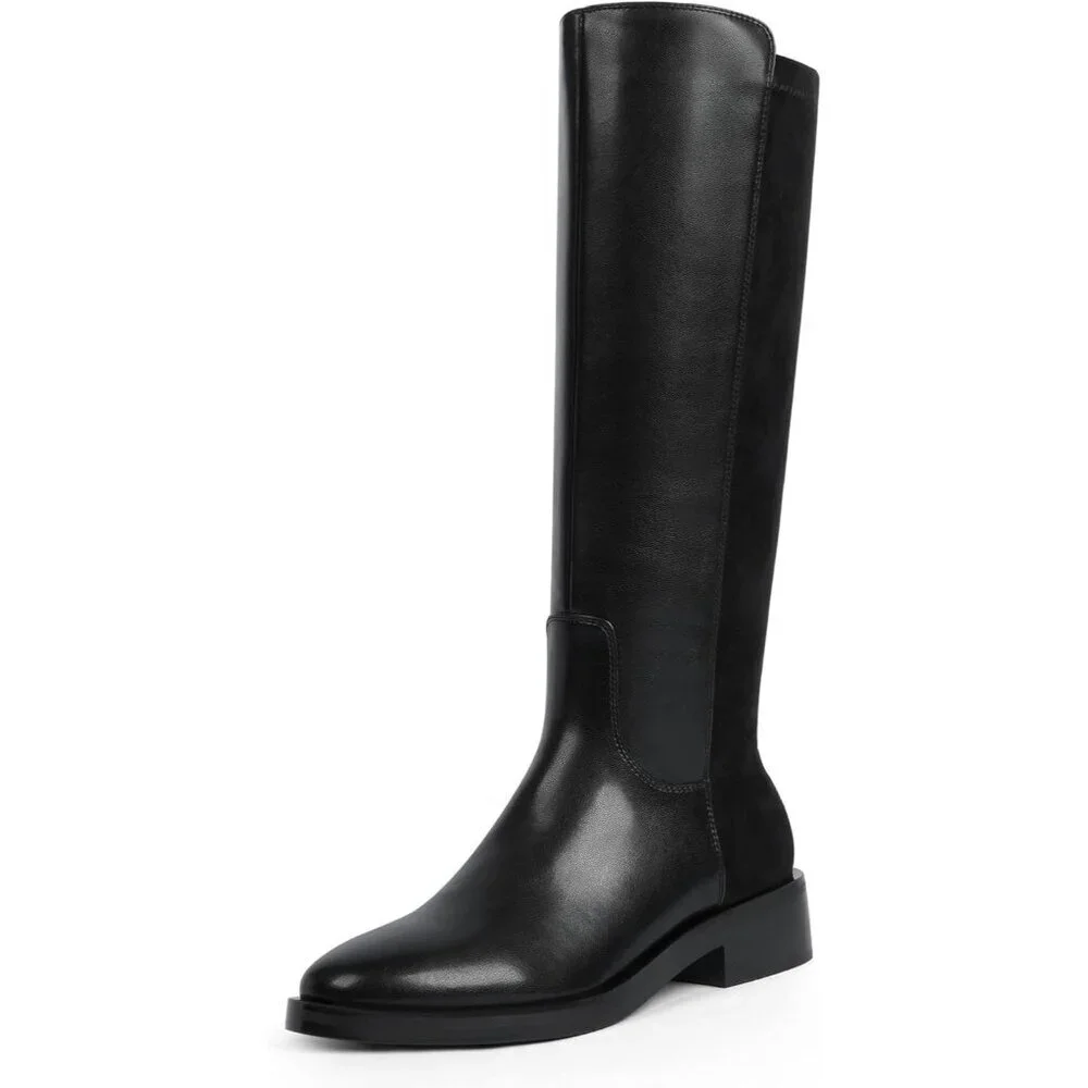 Women Polyurethane Stretch-black Round Toe Flat Heel Side Zipper Knee High Boots